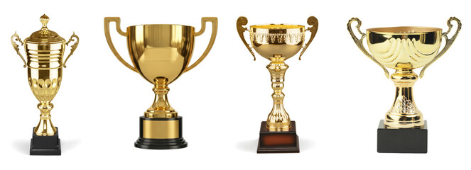 stunning 3d renders of various ornate golden trophies, symbolizing achievement, victory, and...