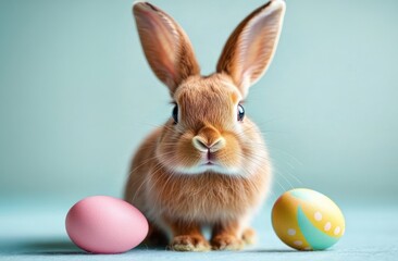 Obraz premium adorably curious fluffy brown rabbit between two pastel decorated eggs on a soft blue background