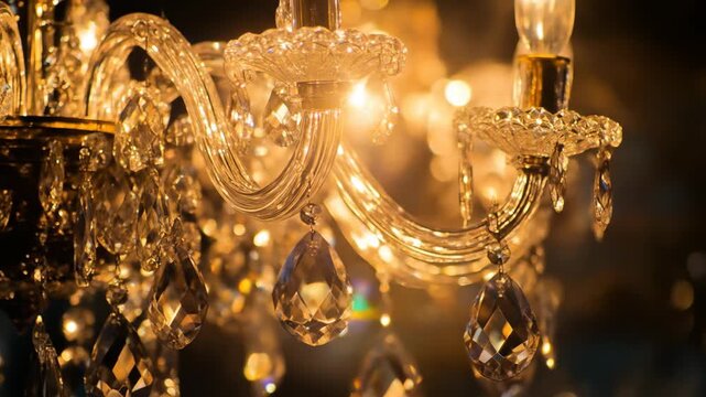 Elegant crystal chandelier illuminated against a dark background