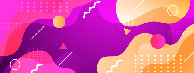 Obraz premium Trendy purple and orange background with fluid wavy shapes halftone dots and geometric Memphis style elements
