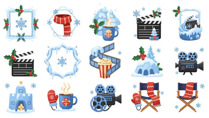 Fototapeta premium Winter Film Festival Celebration with Festive Movie Night Icons