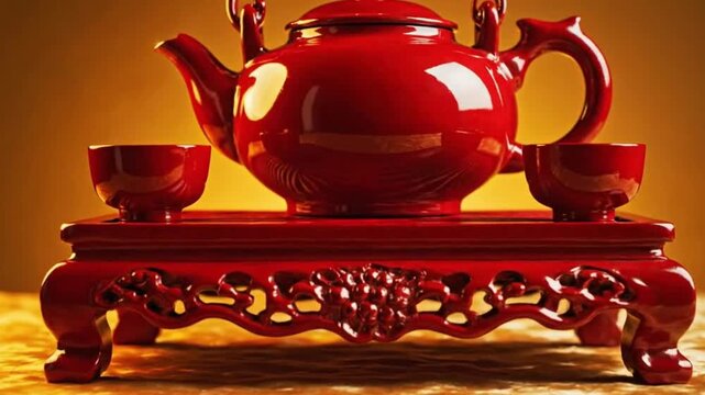 A vibrant, highly reflective traditional tea set is elegantly displayed, featuring a beautifully crafted glossy red teapot and two matching delicate teacups. These pieces rest on an ornately carved re