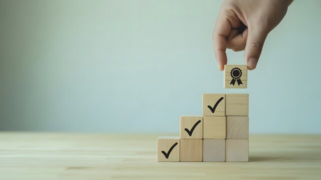 Hand placing success icon on wooden blocks staircase symbolizing achievement career growth progress goal completion and business development concept