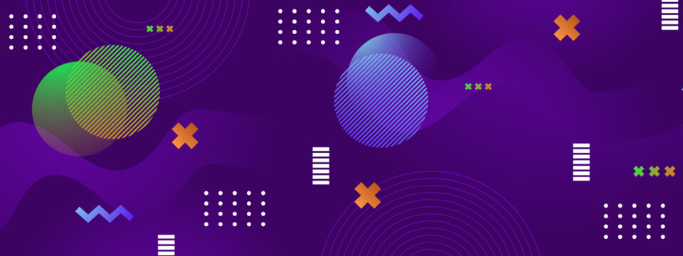 Vibrant purple background featuring playful geometric shapes and line patterns