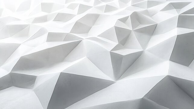 white faceted geometric surface of triangular panels with soft shadows and sculpted depth, minimalist calm and futuristic mood
