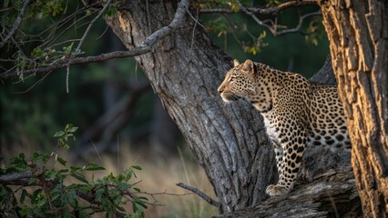 Fototapeta premium A stealthy leopard camouflaged against weathered tree bark, observing its surroundings with keen alertness.