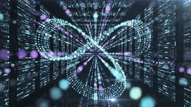Digital infinity symbol made of tiny pixels and code in a dark background with purple and blue accents, conveying a futuristic and technological mood with a cinematic lighting effect.