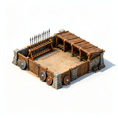 Isometric human barracks,wood and stone military building