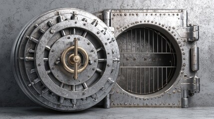Obraz premium Antique Bank Vault Door with Industrial Metal Texture and Security Mechanism on Gray Wall