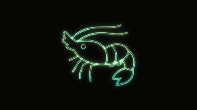 Shrimp Icon Neon Seamless Loop 4K with Black Background Animated Promotional Typography for Video Editing