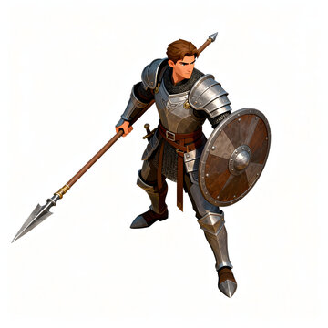 Isometric human spearman unit,
medium armor, long spear, round shield,
defensive stance,
fantasy RTS human faction,
top-down isometric view,
isolated on white background,
game-ready unit