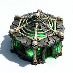 Isometric bone forge,
altar made of bones and rusted metal,
floating green flames,
dark fantasy undead style,
RTS building,
top-down isometric view,
isolated on pure white background