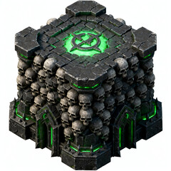 Isometric bone forge,
altar made of bones and rusted metal,
floating green flames,
dark fantasy undead style,
RTS building,
top-down isometric view,
isolated on pure white background