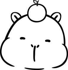 Obraz premium kawaii capybara face with orange on head black and white cartoon hand drawn illustration