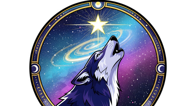a wild lone wolf howling at a glowing bright star within a mystical celestial shield detailed emblem design.