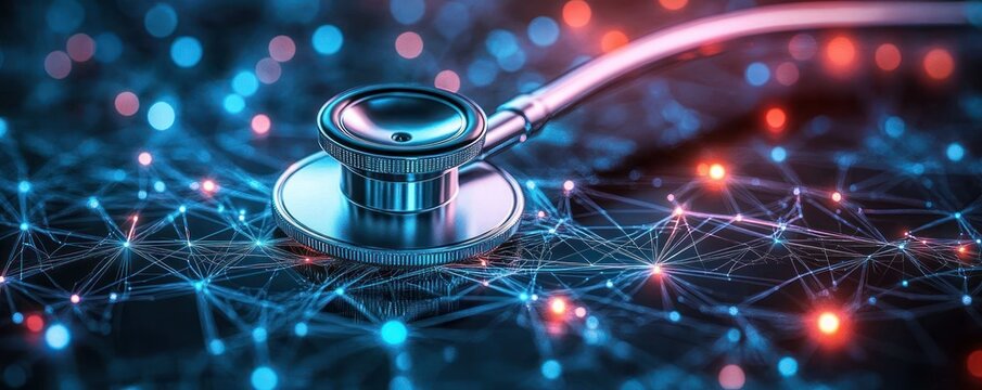 Stethoscope resting on a glowing interconnected digital network of blue and red nodes and lines, conveying a futuristic, hopeful mood of medical technology and precise diagnostics