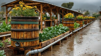 Rainy day watering system in a lush garden featuring wooden barrels and growing vegetables