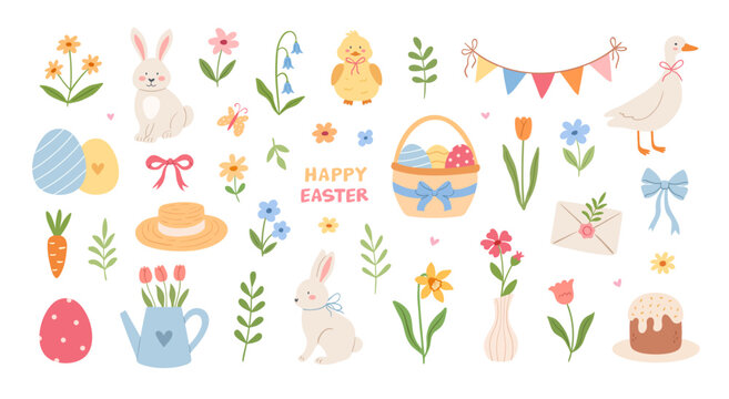 Easter cute set of elements with bunny, chicken, duck, flowers. 