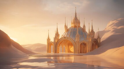 Majestic golden palace reflects in water at desert sunset