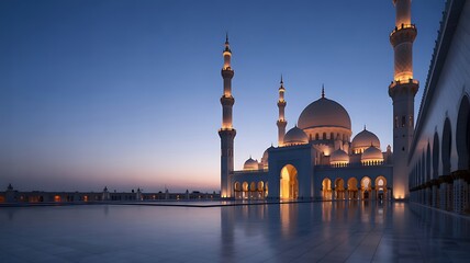 Majestic mosque architecture glowing under a serene blue evening sky