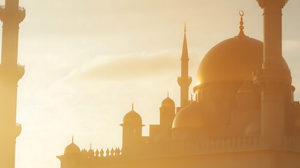 Majestic mosque dome and minarets glowing in warm golden light