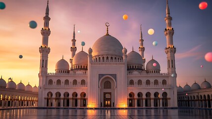 Majestic white mosque sunset colorful floating spheres Ramadan celebration