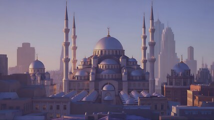 Majestic mosque domes tall minarets modern city skyline serene evening