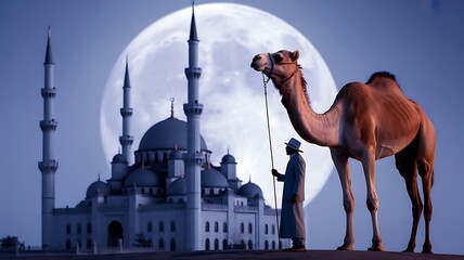Man leading camel desert journey grand mosque full moon