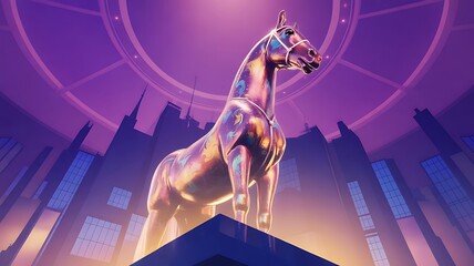 Metallic horse statue glowing vibrant colors in futuristic city skyline