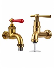 Two brass faucets; one with red handle, one with water