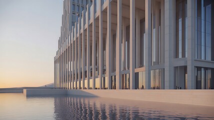 Modern building facade water reflection sunset
