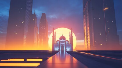 Modern city mosque glowing against vibrant sunset light