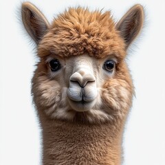 Naklejka premium close-up portrait of a fluffy brown alpaca with upright ears, tufted top and fuzzy neck conveying playful curiosity and gentle innocence against a white background
