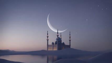 Mosque Landscape Crescent Moon Stars Twilight Scene