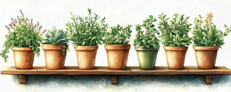 row of clay pots and one green pot holding herbs and succulents on a wooden shelf, peaceful watercolor botanical scene