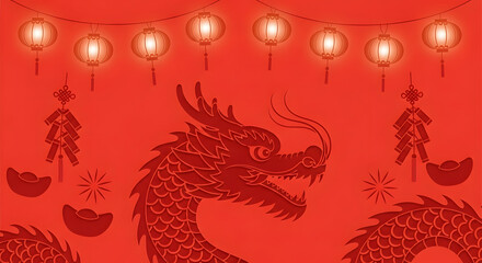 Fototapeta premium Vibrant red Chinese New Year background featuring a majestic dragon, glowing lanterns, firecrackers, and gold ingots, symbolizing prosperity and festive spirit.