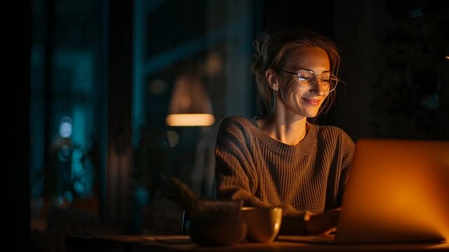 Woman working late at night with coffee.