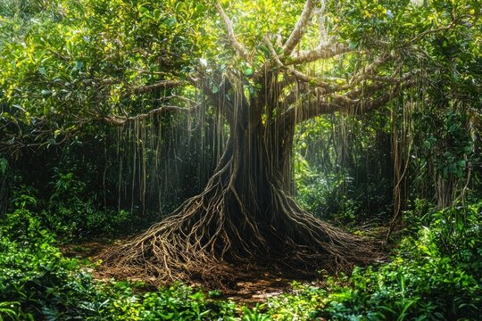 Ancient sprawling tree with exposed roots and hanging vines in a sunlit lush green forest, evoking serenity and quiet wonder