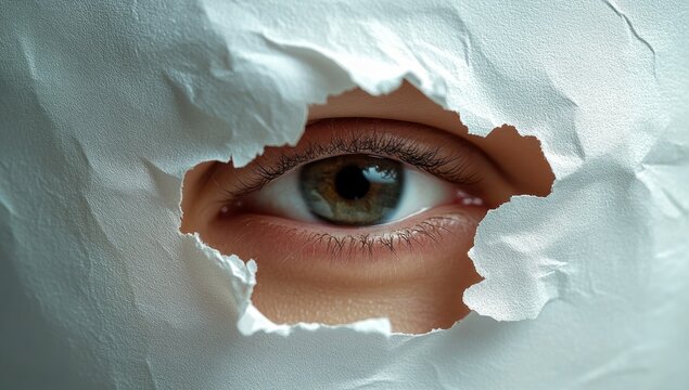 close-up of a human eye looking through a torn opening in white paper, highlighting detailed eyelashes and the texture of the paper with an intense and curious expression