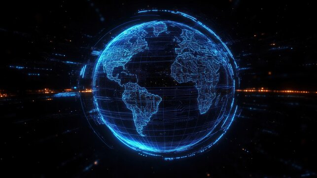holographic blue wireframe globe of earth with glowing data lines and distant orange lights on a dark futuristic space background, evoking awe and global connectivity