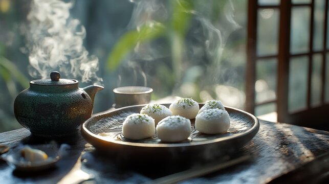 Extreme detail of unique fusion dessert combining savory scallion cookies and sweet white nougat pieces, precise arrangement on handmade pottery plate, traditional Asian tea ceremony setup with small