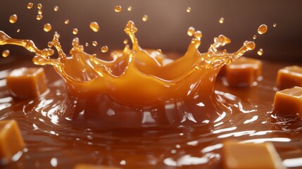 Dynamic composition of liquid caramel splash erupting into crown formation with multiple symmetrical peaks, accompanied by precisely cut caramel cubes showing layered interior, elegant spiral caramel