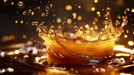 Cinematic 3D render of golden-brown caramel in action sequence: majestic splash forming perfect crown with droplets suspended in air, collection of caramel pieces cut with surgical precision, elegant