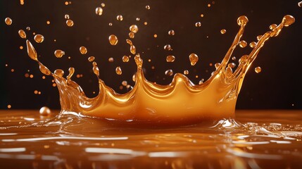 Cinematic 3D render of golden-brown caramel in action sequence: majestic splash forming perfect crown with droplets suspended in air, collection of caramel pieces cut with surgical precision, elegant