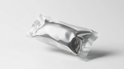 Ultra-realistic mockup of empty transparent plastic candy sachet with visible sealed edges and slight reflective qualities, floating against white background, subtle fold marks and manufacturing