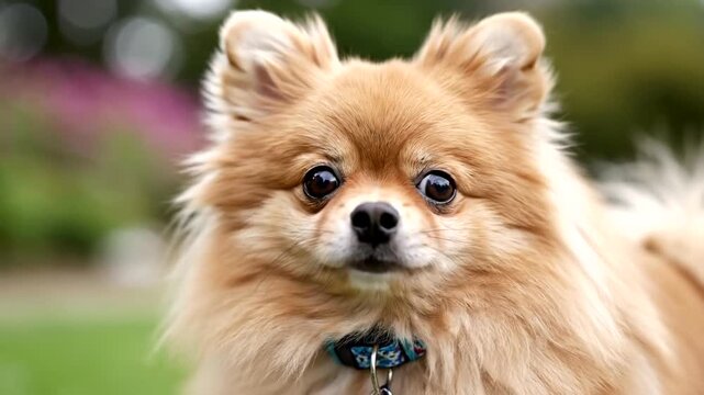 Pomeranian dog smiling and looking around.