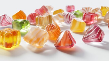 Premium 3D visualization of gourmet filled hard candies collection, strategic arrangement showing variety of flavors through distinct colors, some candies broken to reveal creamy or liquid centers,