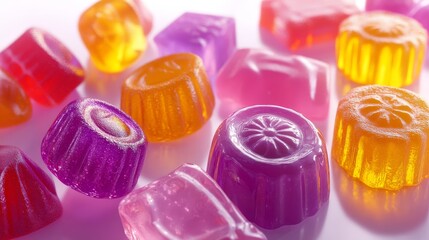Professional product visualization of artisanal filled hard candies featuring geometric arrangement, multiple candy varieties with visible layers between hard exterior and soft filling centers,