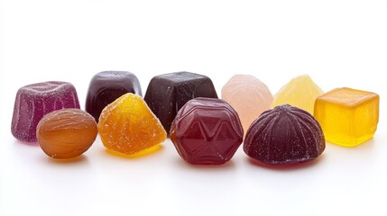 Professional product visualization of artisanal filled hard candies featuring geometric arrangement, multiple candy varieties with visible layers between hard exterior and soft filling centers,