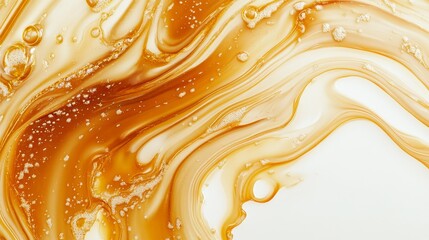 High-end commercial photograph of liquid salted caramel pattern on pristine white background, displaying intricate swirling motion frozen in time, showcasing rich amber color palette from pale honey